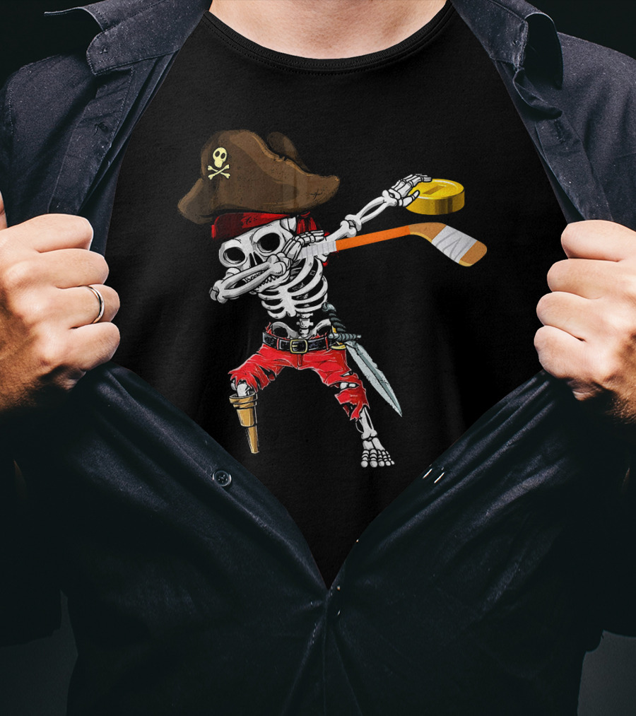 Dabbing Skeleton Jolly Roger Pirate Hockey Stick Ice T-Shirt