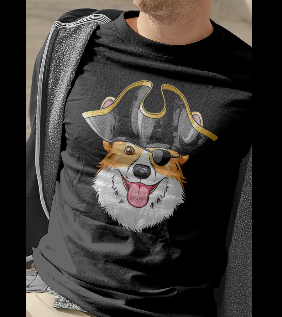 Pirate Corgi Wearing Black Tricorn Hat And Eye Patch T-Shirt