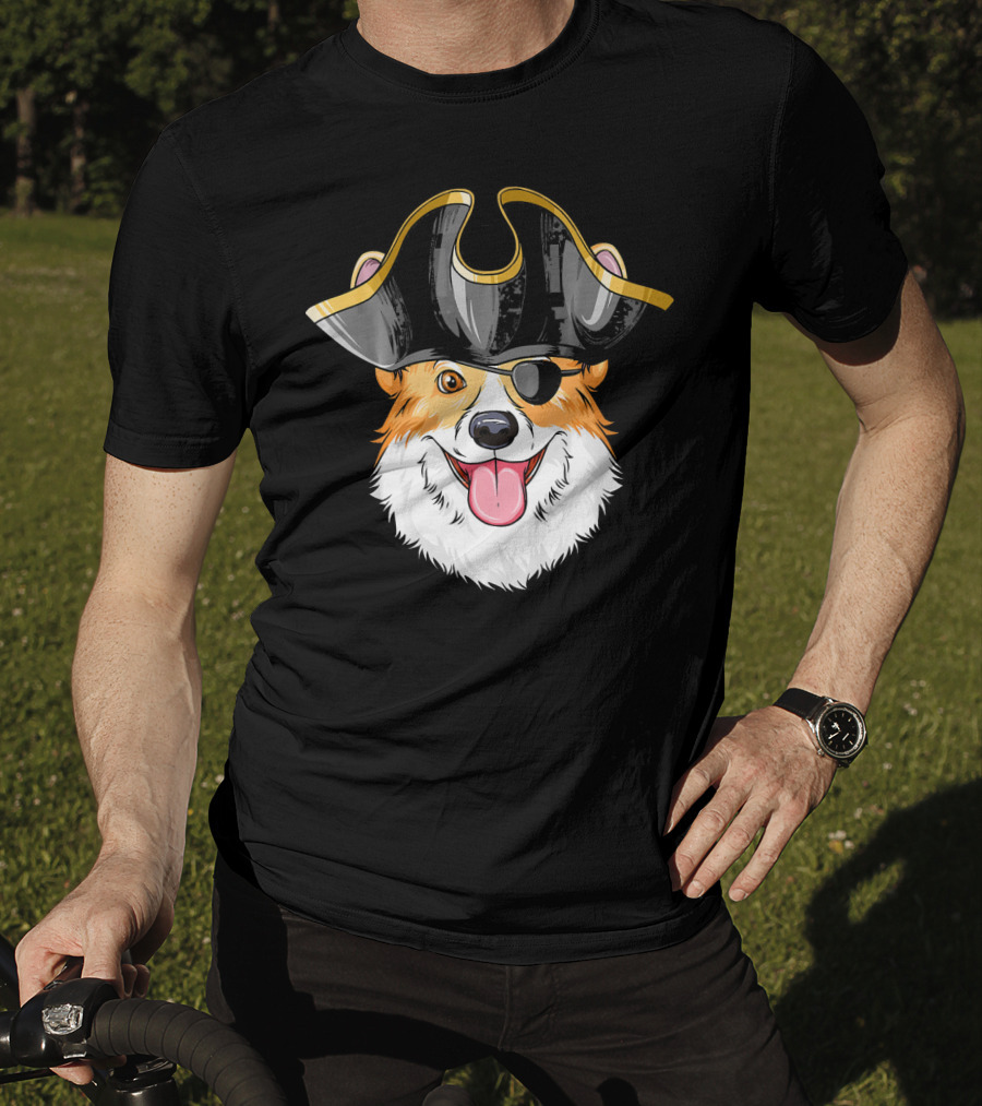 Pirate Corgi Wearing Black Tricorn Hat And Eye Patch T-Shirt
