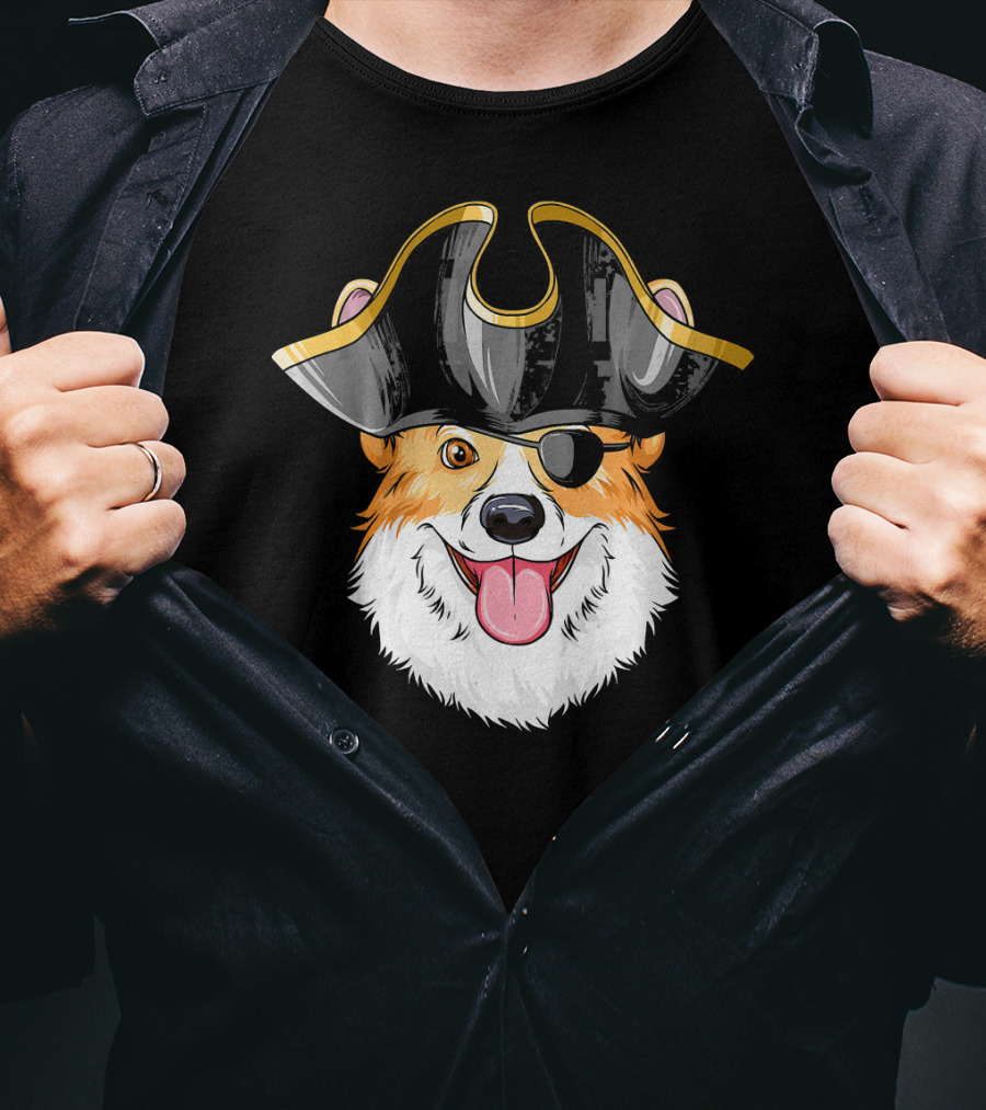 Pirate Corgi Wearing Black Tricorn Hat And Eye Patch T-Shirt