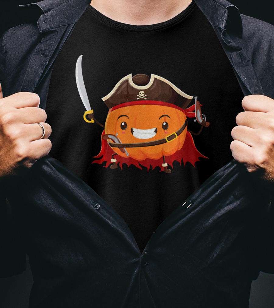 Pirate Pumpkin Halloween Costume Party With Sword And Pirate Hat T-Shirt