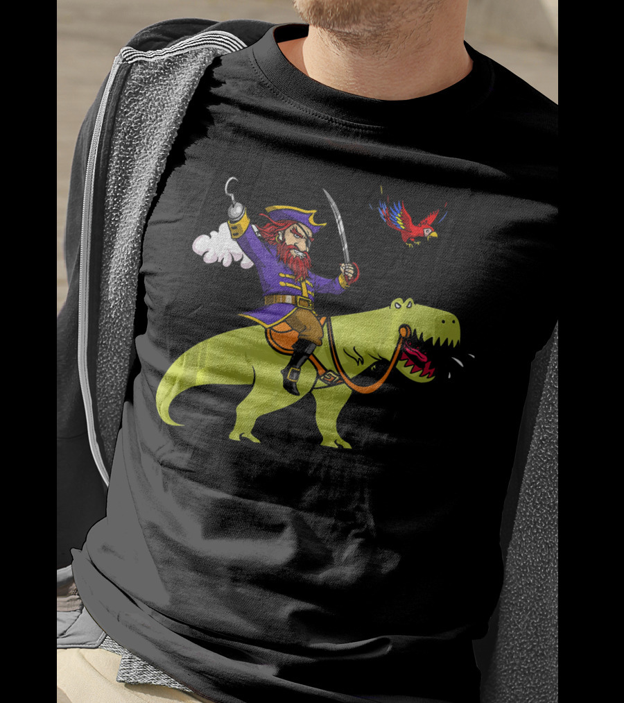 Pirate Sailor Rides T-Rex Dinosaur With Parrot T-Shirt