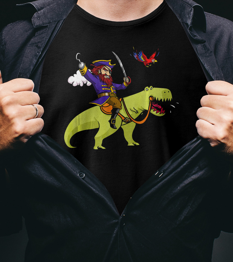 Pirate Sailor Rides T-Rex Dinosaur With Parrot T-Shirt