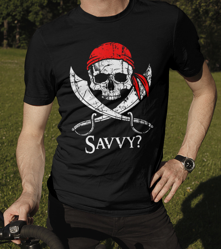 Savvy Pirate Skull And Crossbones With Red Bandana And Swords T-Shirt