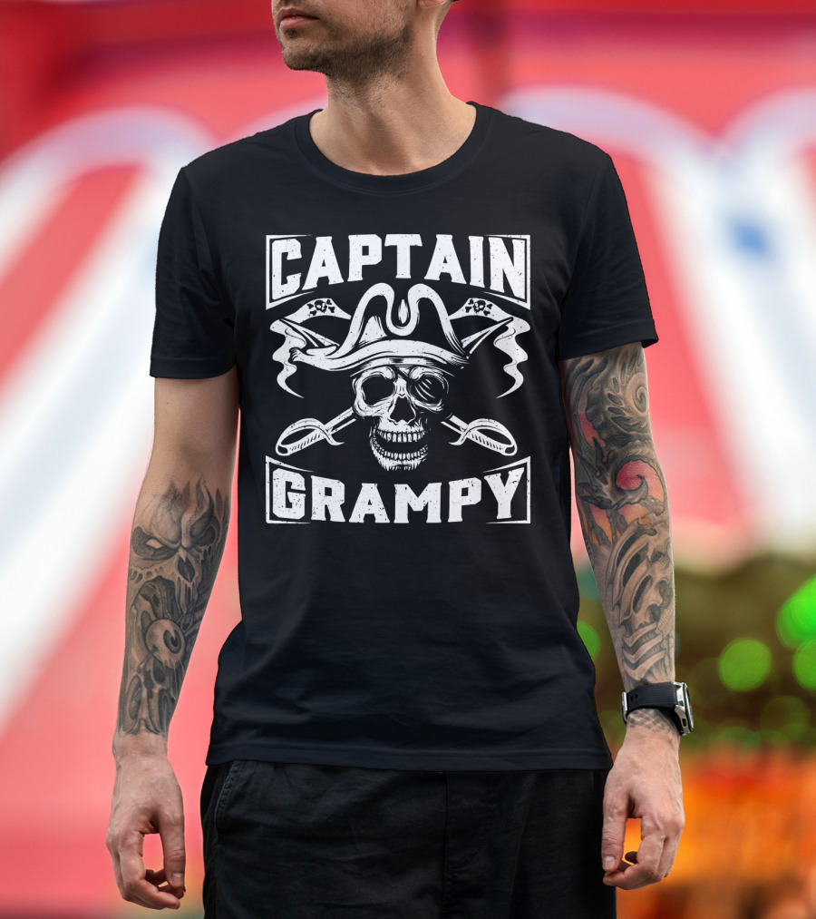 Captain Grampy Pirate Skull and Crossed Swords Motif T-Shirt