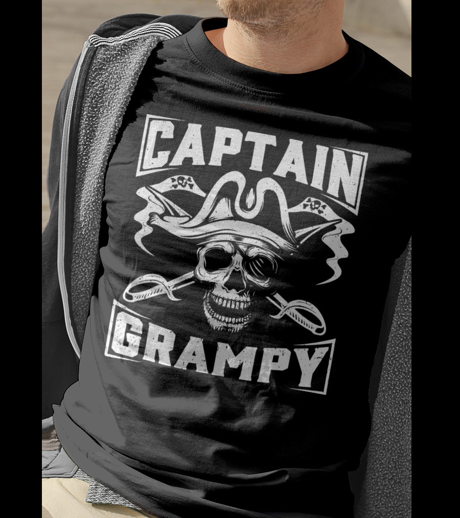 Captain Grampy Pirate Skull And Crossed Swords Motif T-Shirt