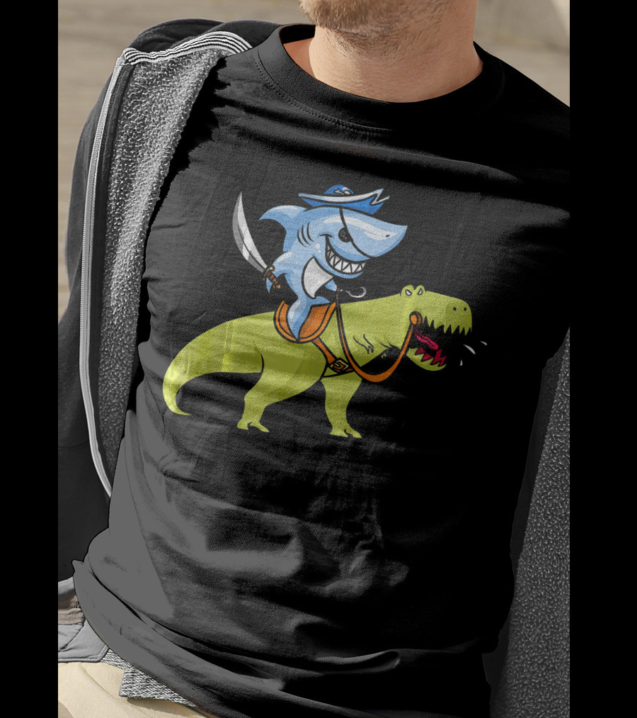 Shark Pirate Riding T-Rex Dinosaur Fun Adventure T-Shirt