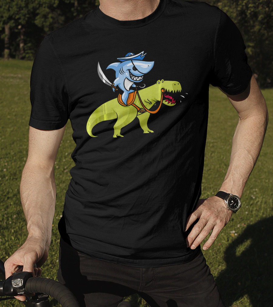 Shark Pirate Riding T-Rex Dinosaur Fun Adventure T-Shirt