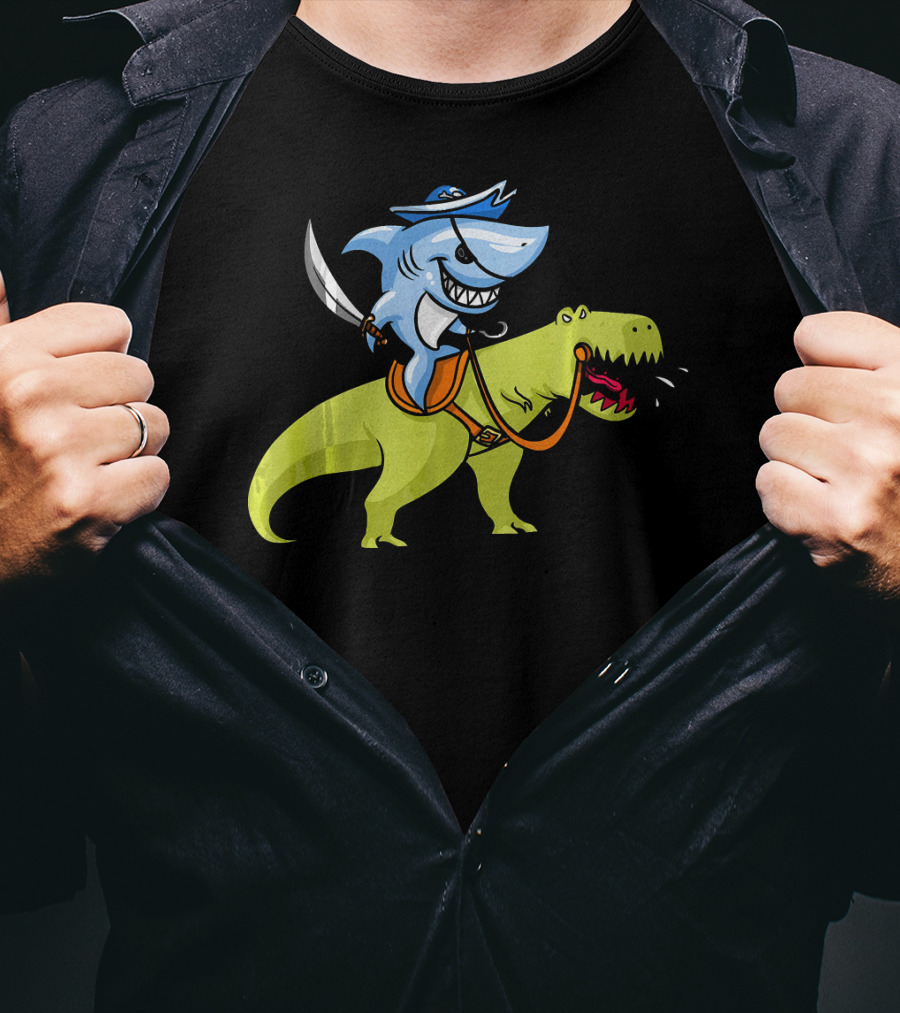 Shark Pirate Riding T-Rex Dinosaur Fun Adventure T-Shirt