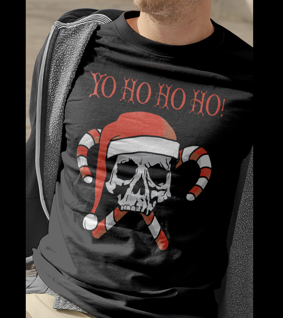 Yo Ho Ho Ho Christmas Pirate Santa Skull With Candy Canes T-Shirt