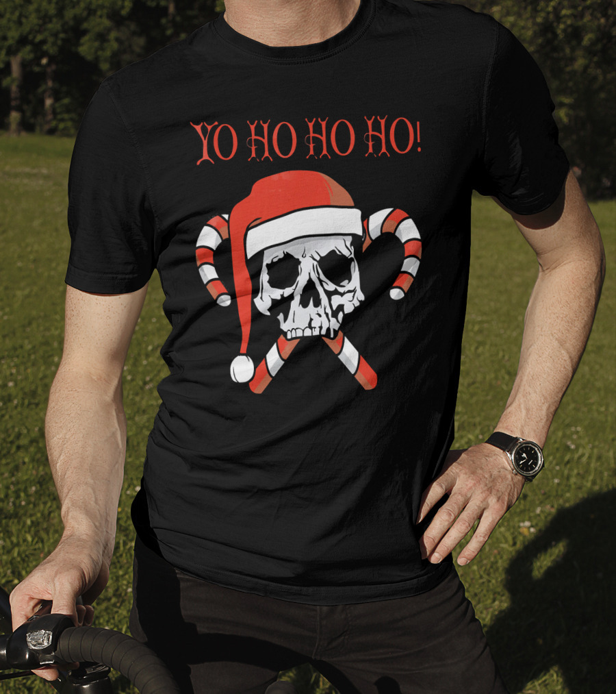 Yo Ho Ho Ho Christmas Pirate Santa Skull With Candy Canes T-Shirt