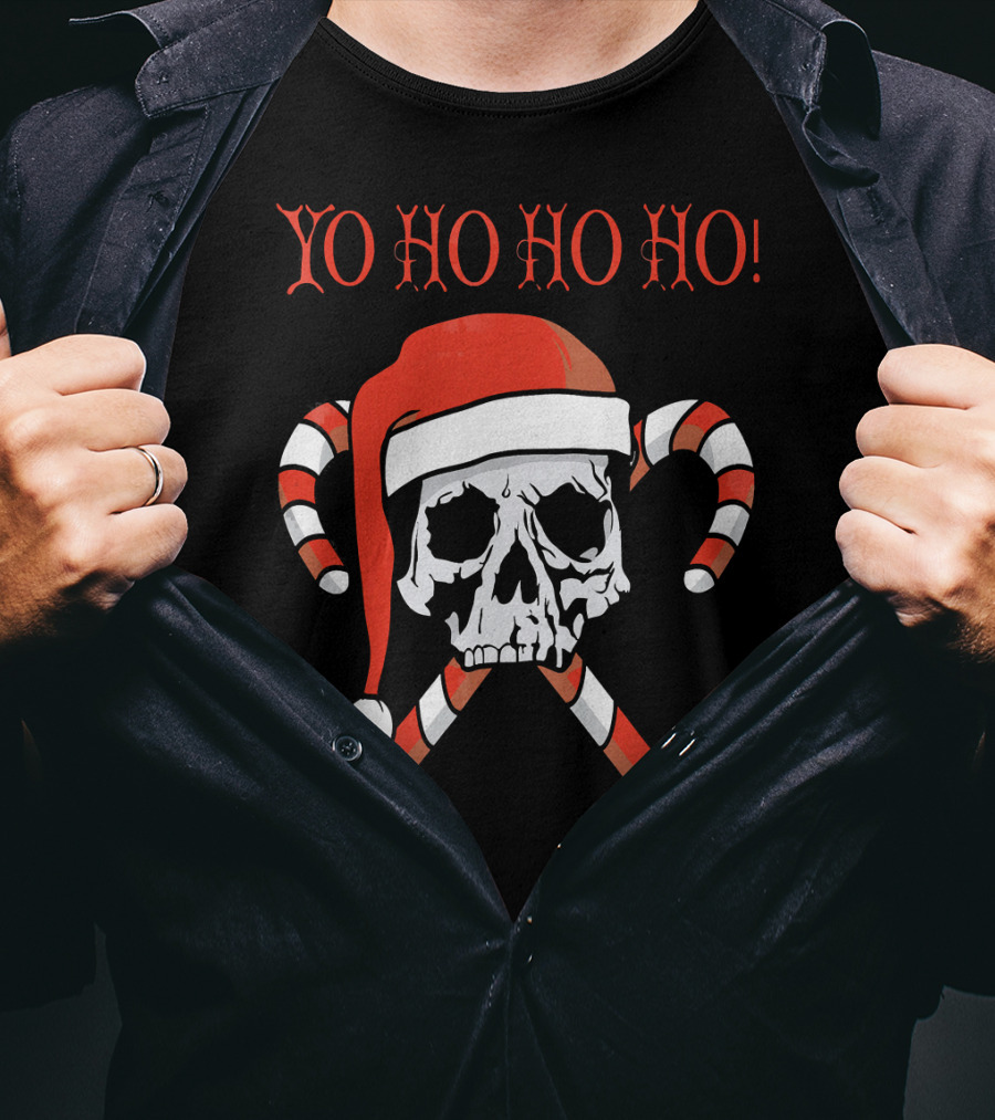 Yo Ho Ho Ho Christmas Pirate Santa Skull With Candy Canes T-Shirt