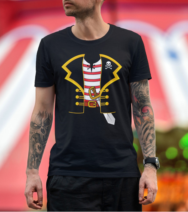 Premium T-Shirt: Pirate Costume Party Striped Shirt Skull Sword Jacket T-Shirt Pirate Costume Party Striped Shirt Skull Sword Jacket T-Shirt
