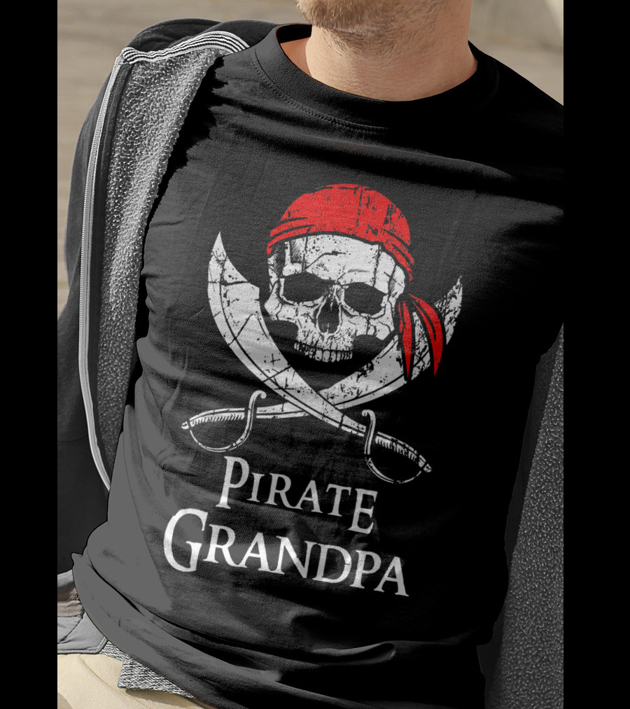 Pirate Grandpa Skull Crossed Swords Red Bandana T-Shirt