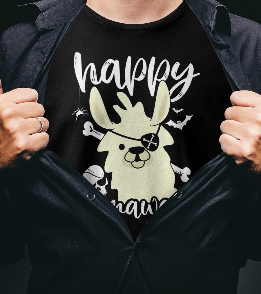 Happy Llamaween Llama Pirate Bats Skull T-Shirt