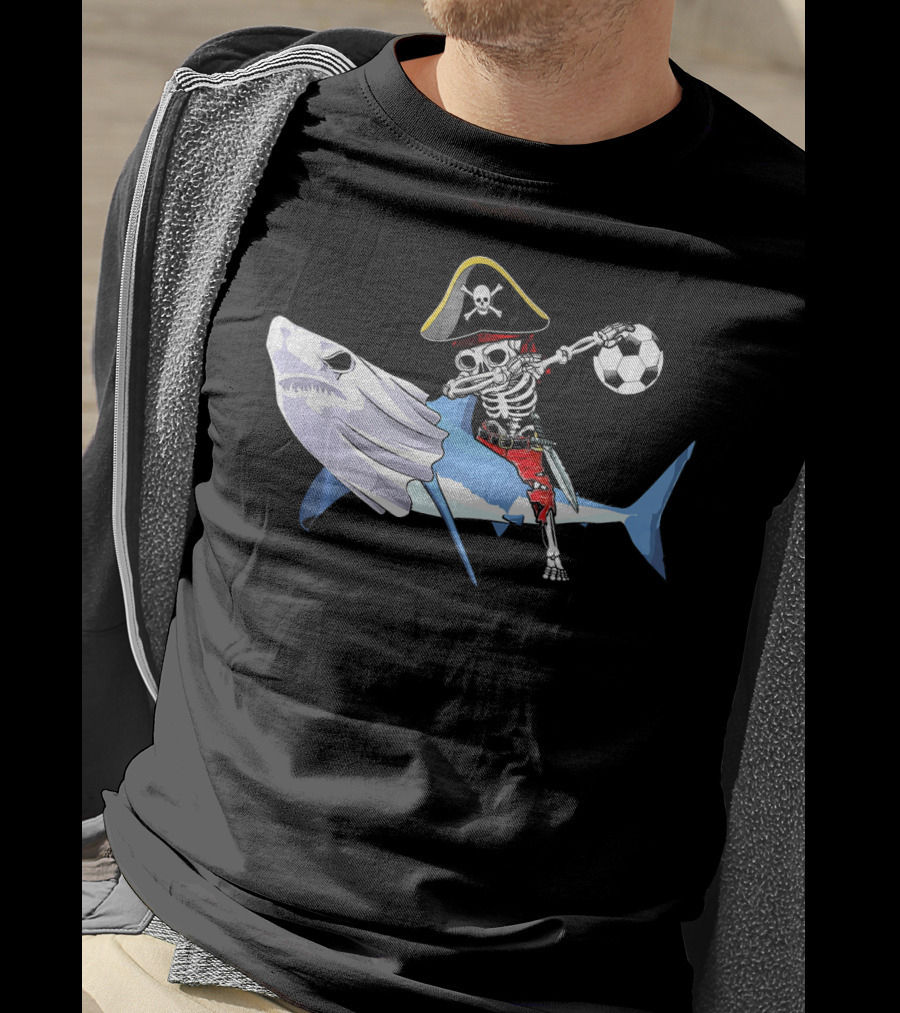 Jolly Roger Pirate Skeleton Dab On Shark Holding Soccer Ball T-Shirt