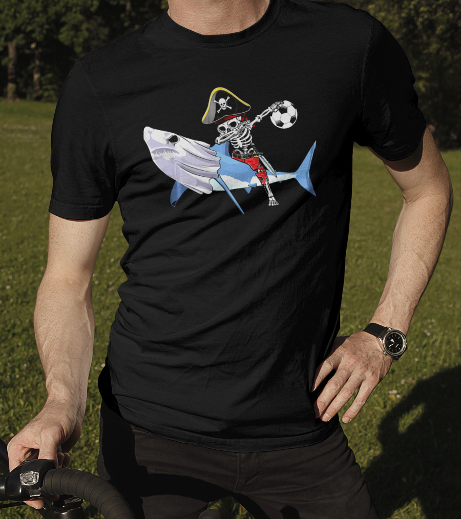 Jolly Roger Pirate Skeleton Dab On Shark Holding Soccer Ball T-Shirt