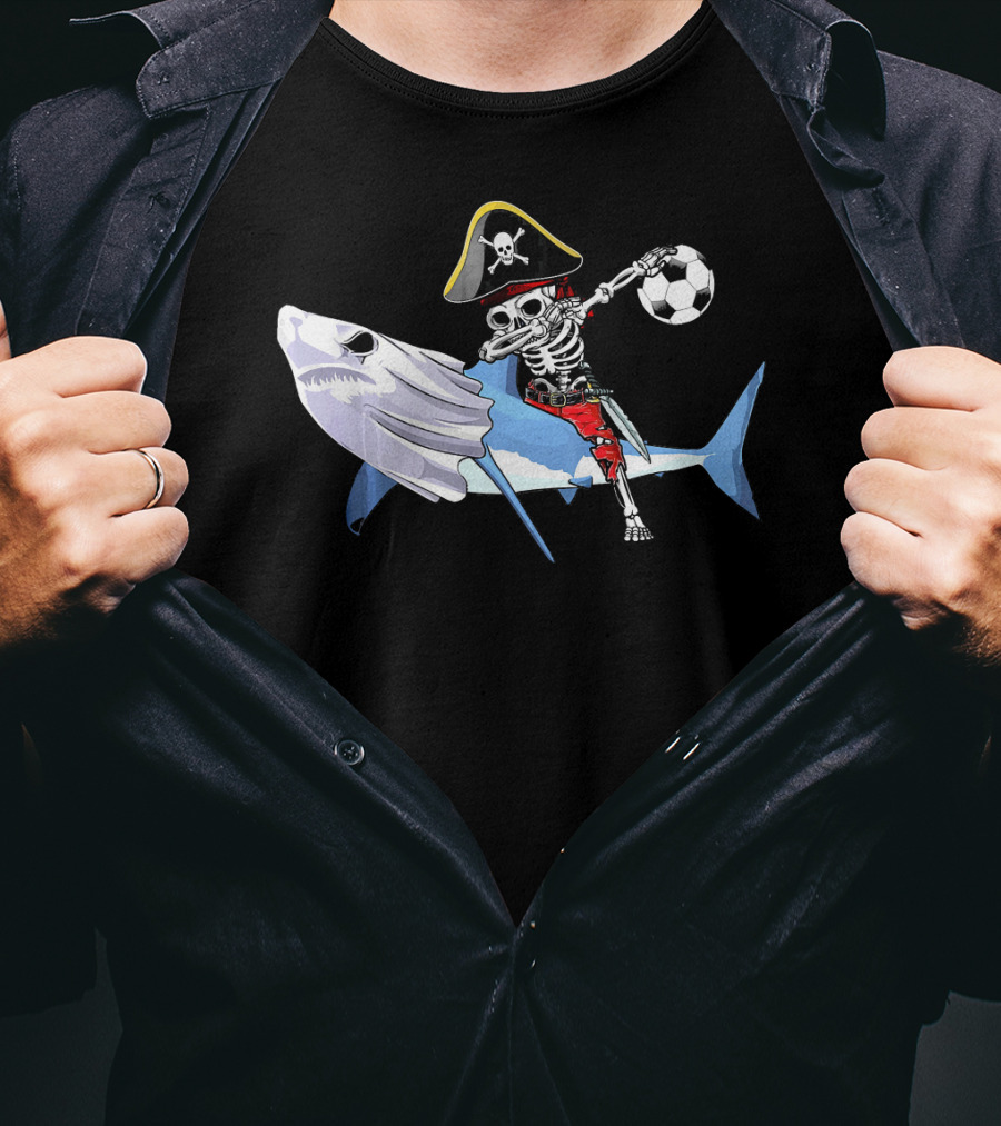 Jolly Roger Pirate Skeleton Dab On Shark Holding Soccer Ball T-Shirt