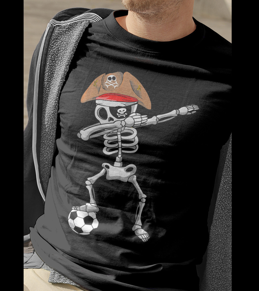 Skull Soccer Pirate Skeleton Dabbing With Eye Patch And Hat T-Shirt