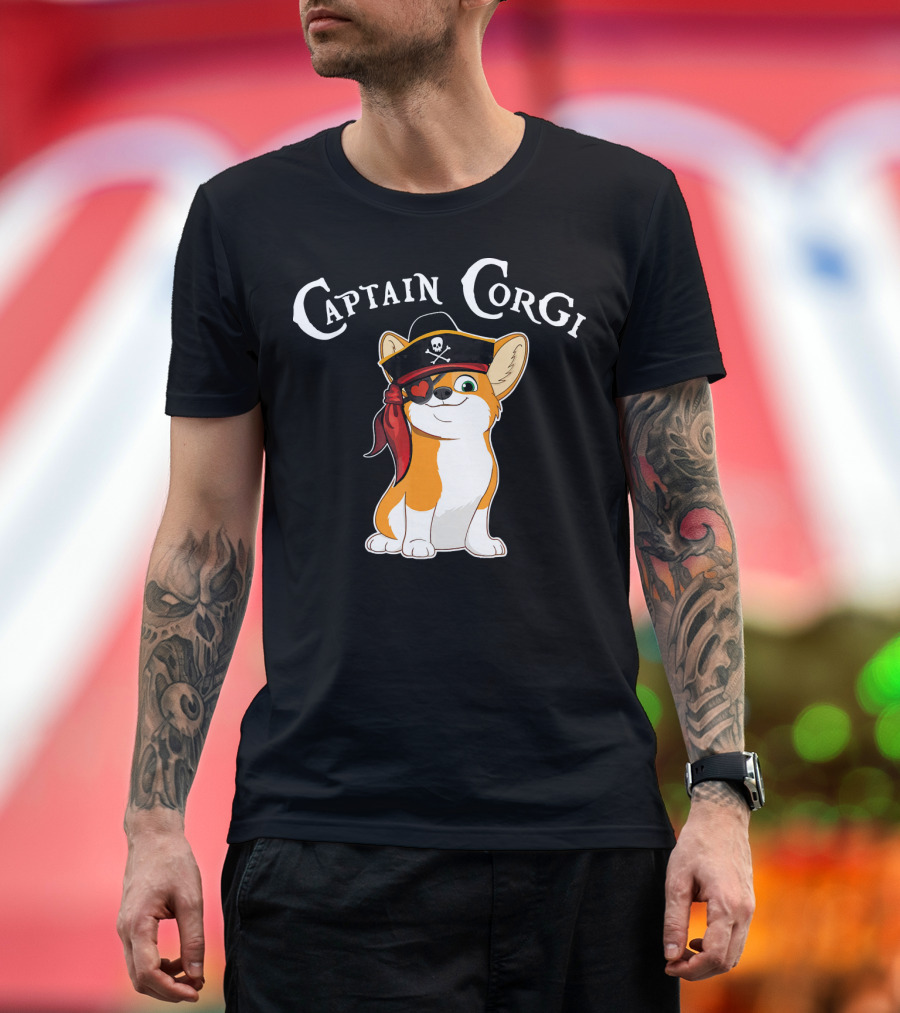 Captain Corgi Pirate Dog with Eyepatch and Skull Hat T-Shirt