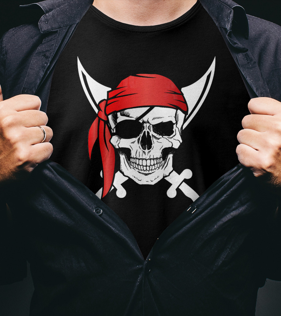 Pirate Skull Red Bandana Crossed Knives Iconic T-Shirt