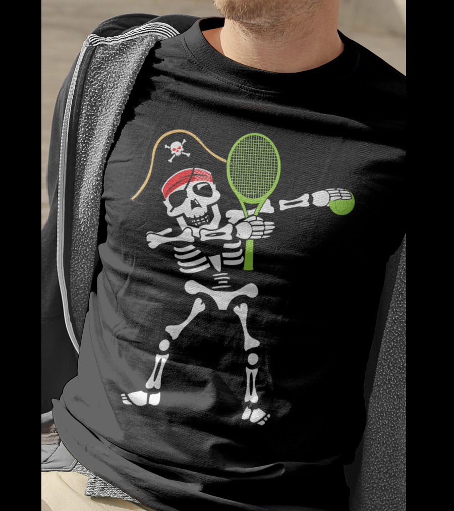 Tennis Dabbing Skeleton With Pirate Hat And Racket T-Shirt