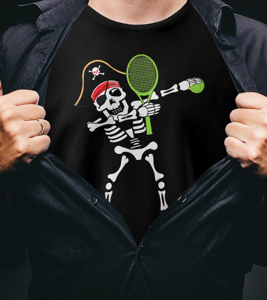 Tennis Dabbing Skeleton With Pirate Hat And Racket T-Shirt