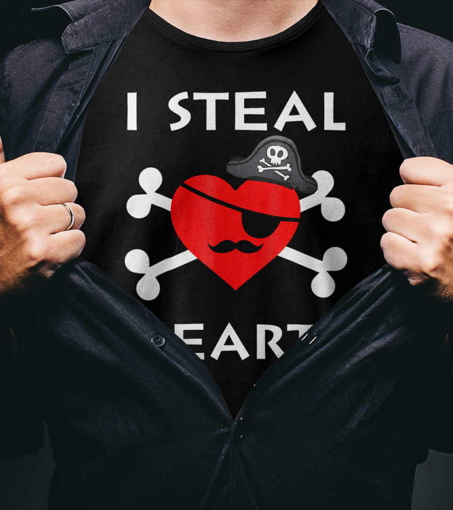 I Steal Hearts Valentine Day Pirate Eyepatch Skull Crossbones T-Shirt