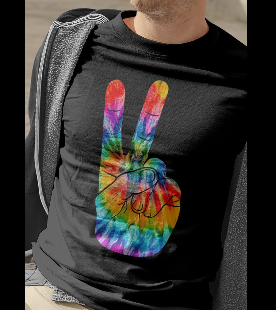 Tie Dye Peace Sign Hand V Victory Love Rainbow T-Shirt