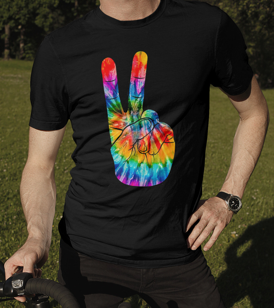 Tie Dye Peace Sign Hand V Victory Love Rainbow T-Shirt