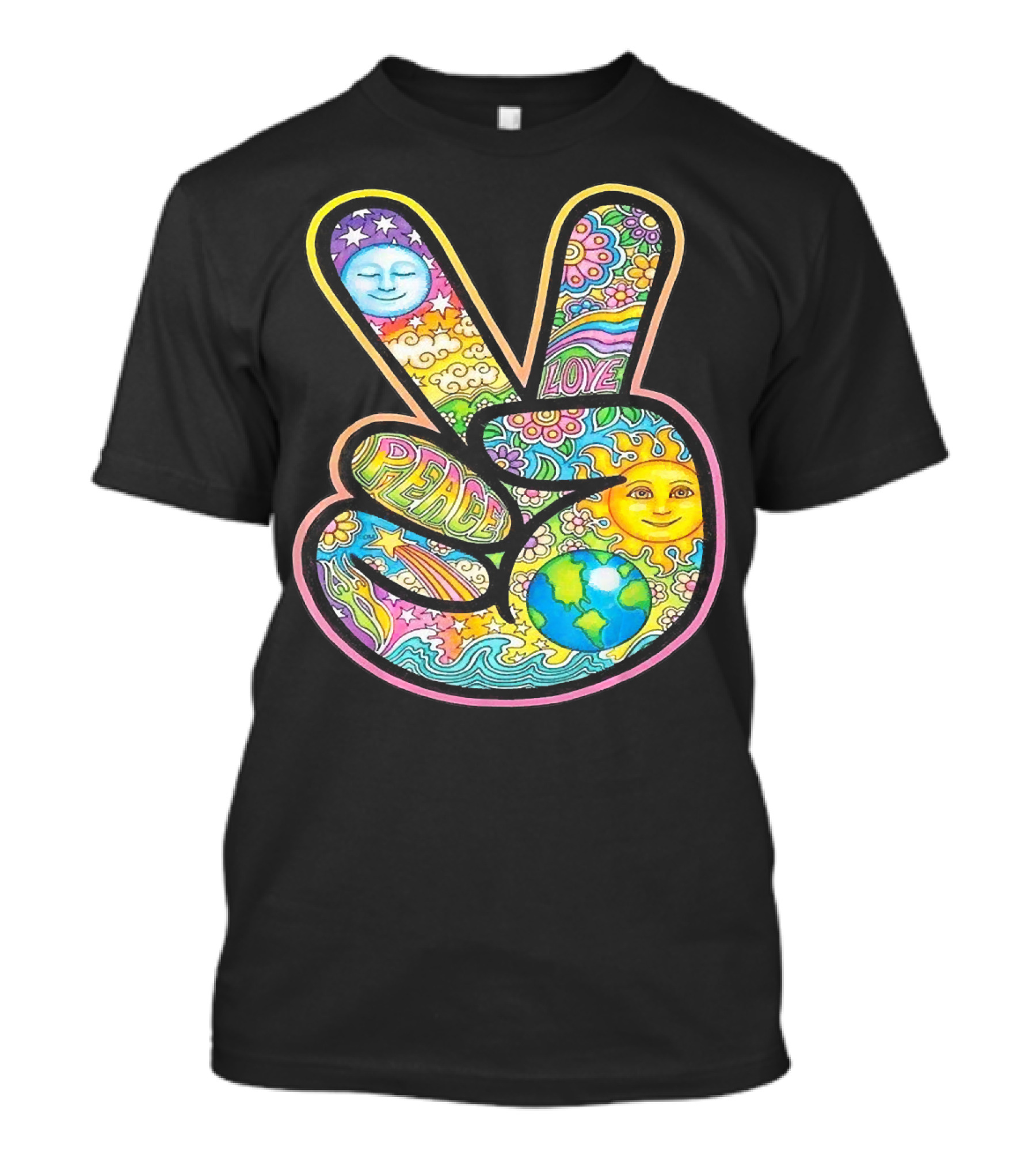 Peace Love Trippy Sun And Moon Psychedelic Earth Groovy Harmony T-Shirt