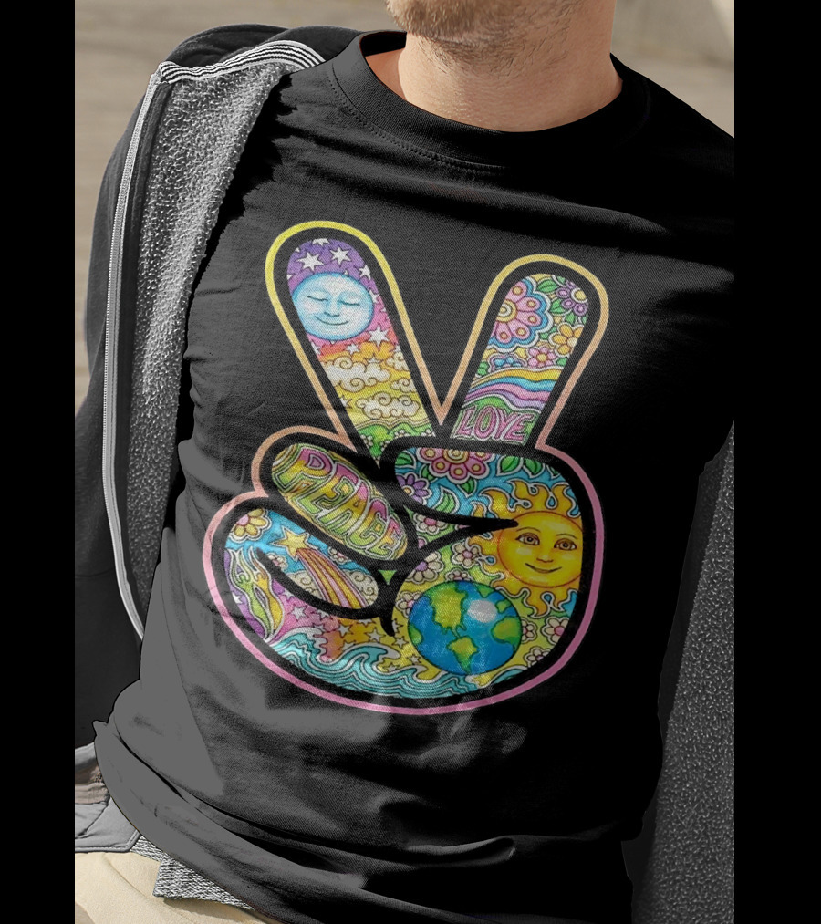 Peace Love Trippy Sun And Moon Psychedelic Earth Groovy Harmony T-Shirt