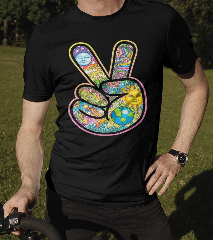 Peace Love Trippy Sun And Moon Psychedelic Earth Groovy Harmony T-Shirt