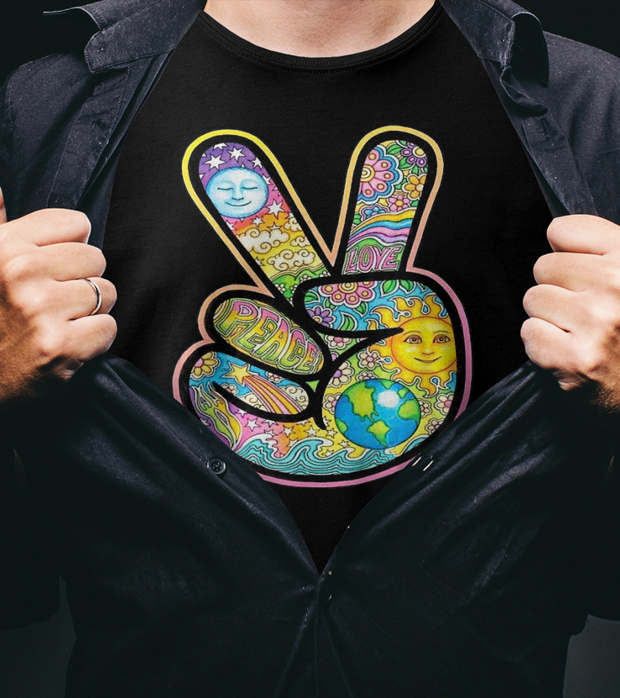 Peace Love Trippy Sun And Moon Psychedelic Earth Groovy Harmony T-Shirt