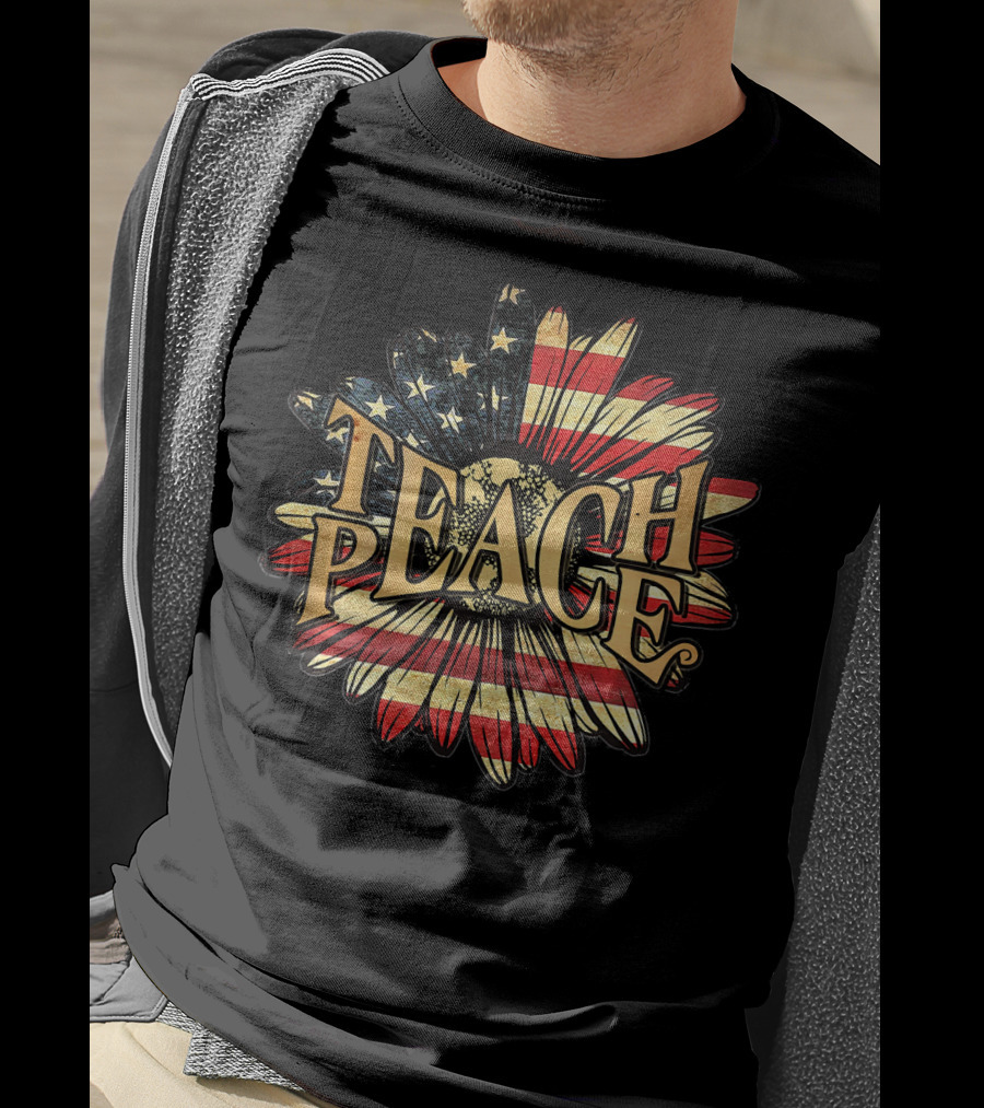 Teach Peace American Flag Flower Blossoms T-Shirt