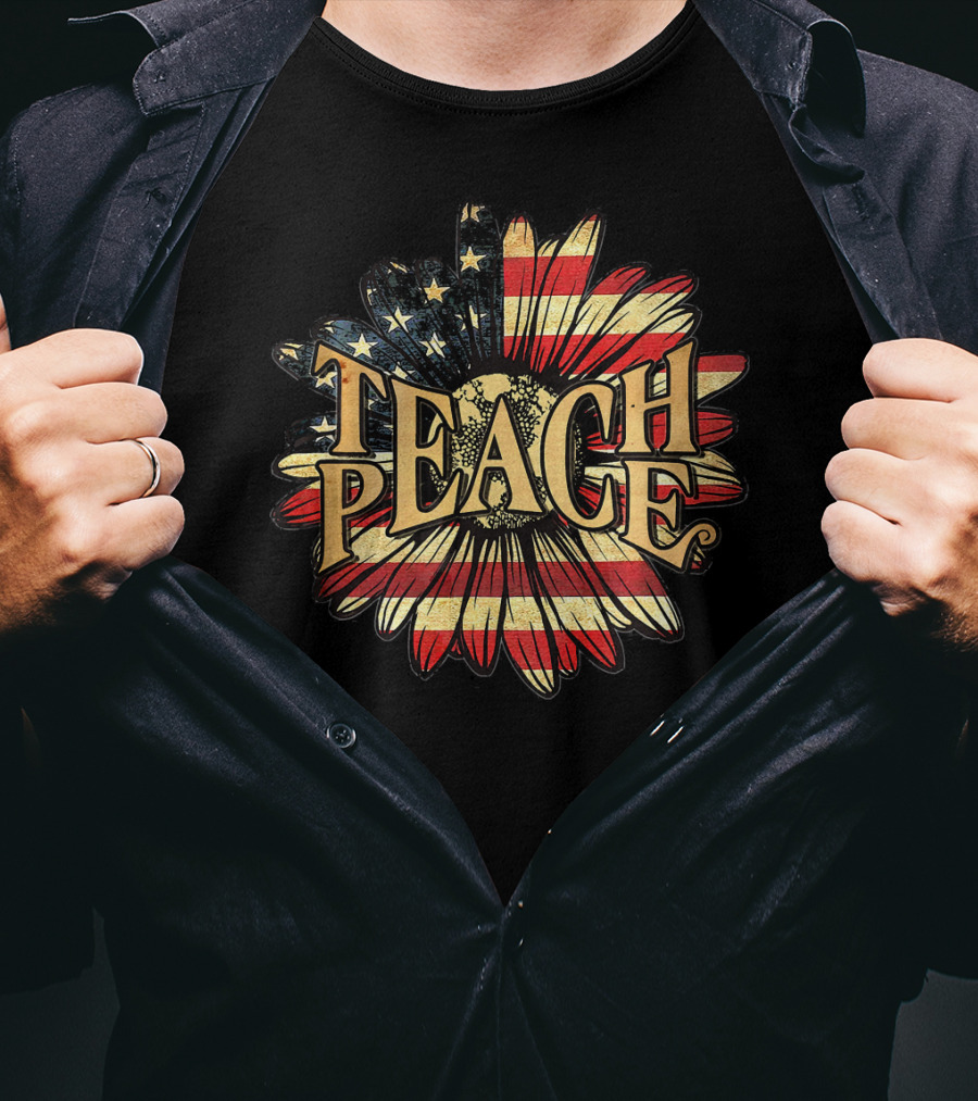 Teach Peace American Flag Flower Blossoms T-Shirt