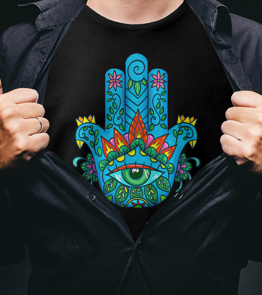 Hamsa Hand Spiritual Protection With Colorful Eye And Floral T-Shirt