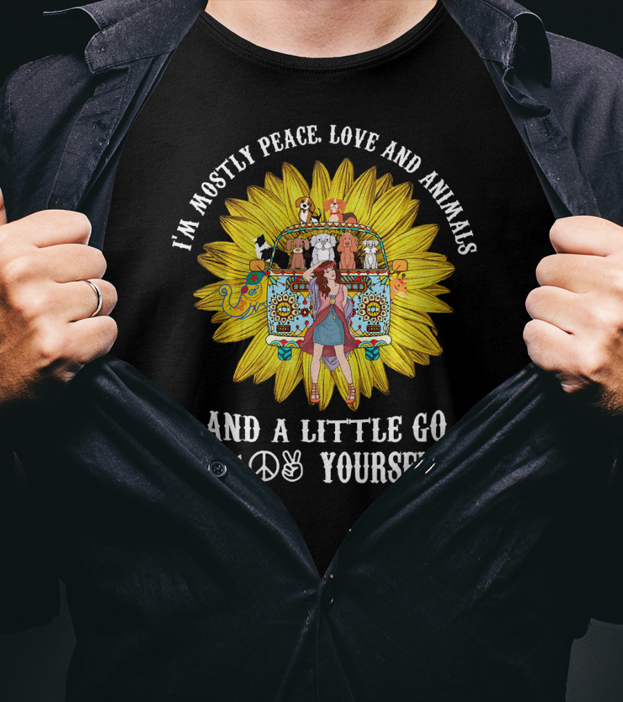 I'm Mostly Peace Love Animals And A Little Go F Yourself Sunflower Hippie Bus T-Shirt