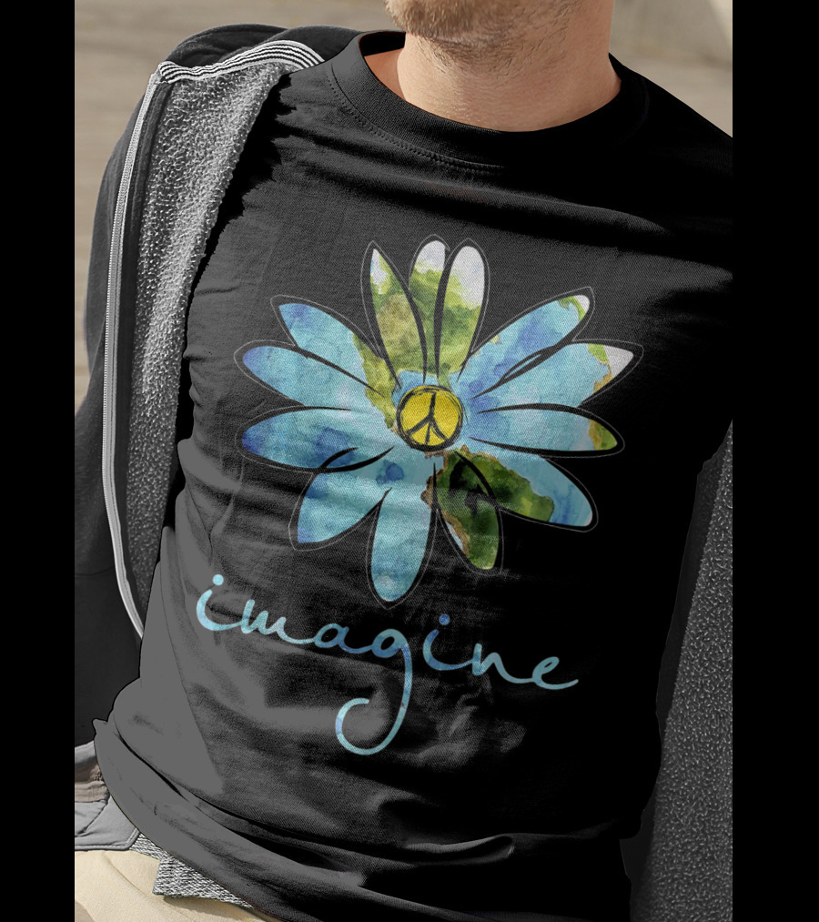 Imagine Peace Sign Flower World Map T-Shirt