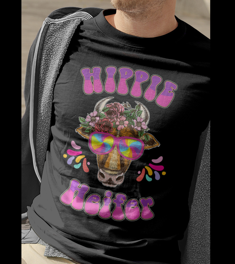 Hippie Heifer Peace Vintage Retro Cow With Floral Crown And Psychedelic Glasses T-Shirt