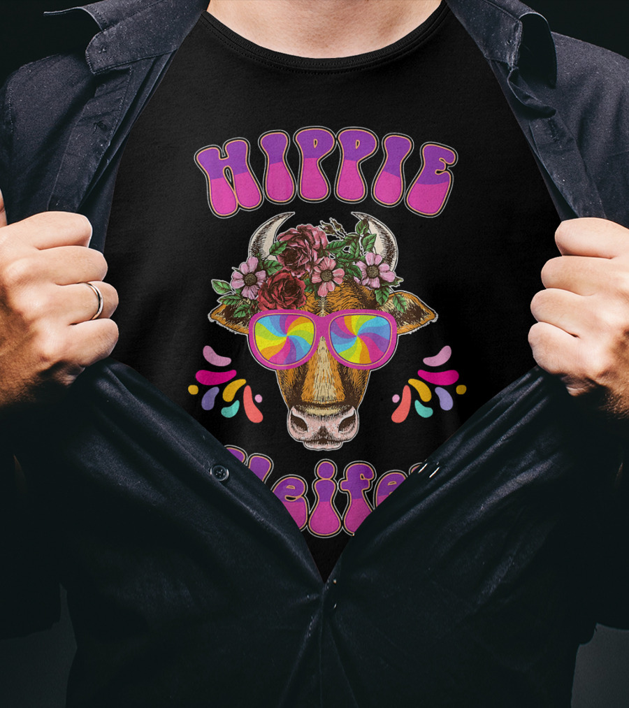 Hippie Heifer Peace Vintage Retro Cow With Floral Crown And Psychedelic Glasses T-Shirt