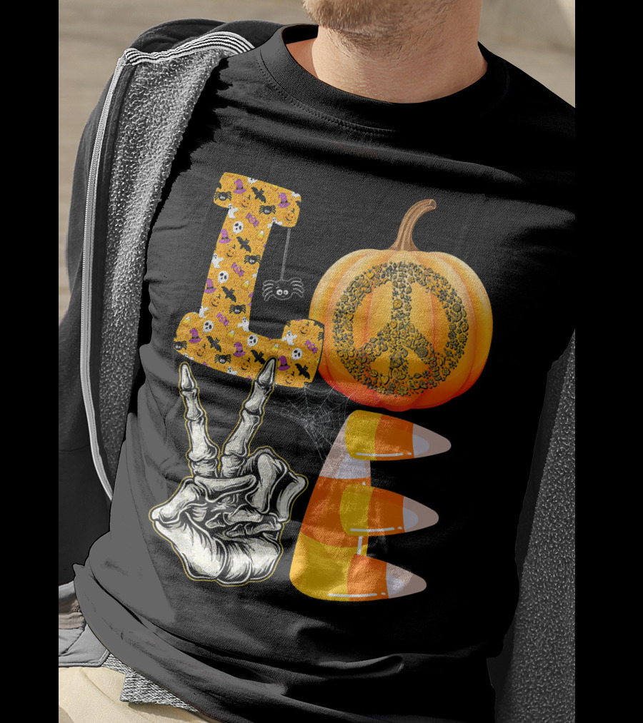 LOVE Halloween Peace Pumpkin Skeleton V Candy Corn T-Shirt