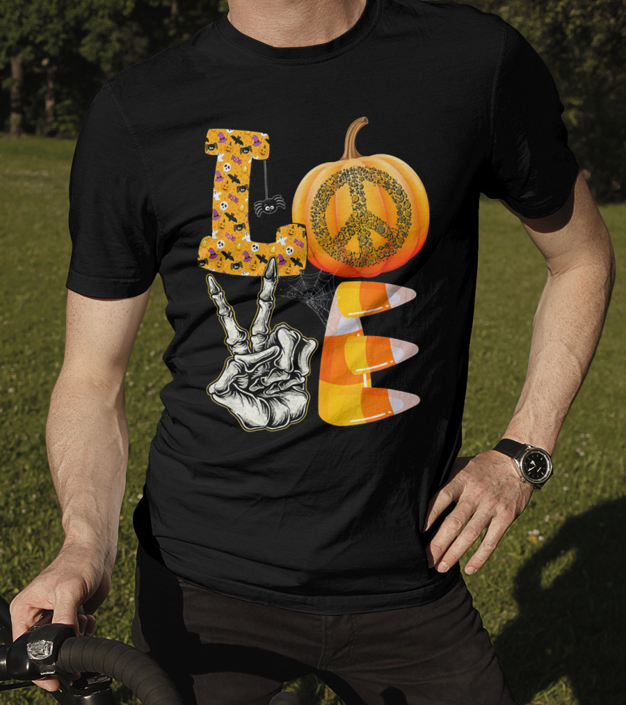 LOVE Halloween Peace Pumpkin Skeleton V Candy Corn T-Shirt