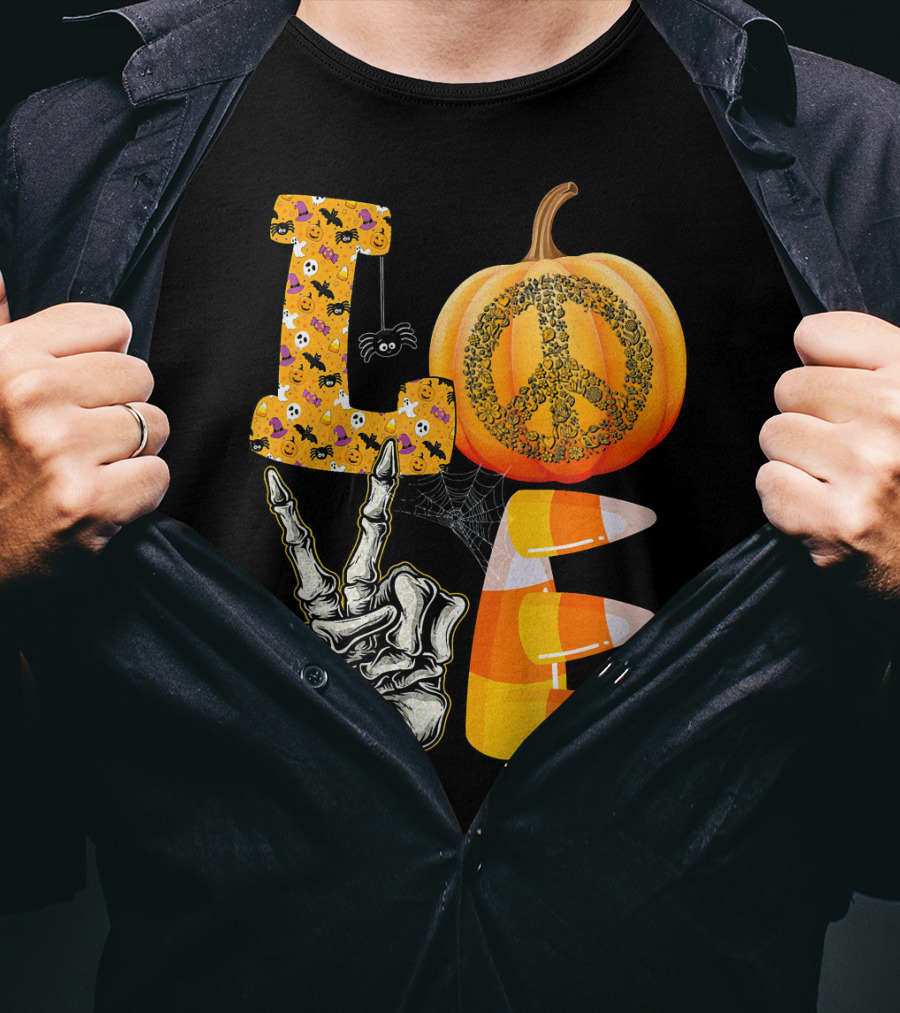 LOVE Halloween Peace Pumpkin Skeleton V Candy Corn T-Shirt
