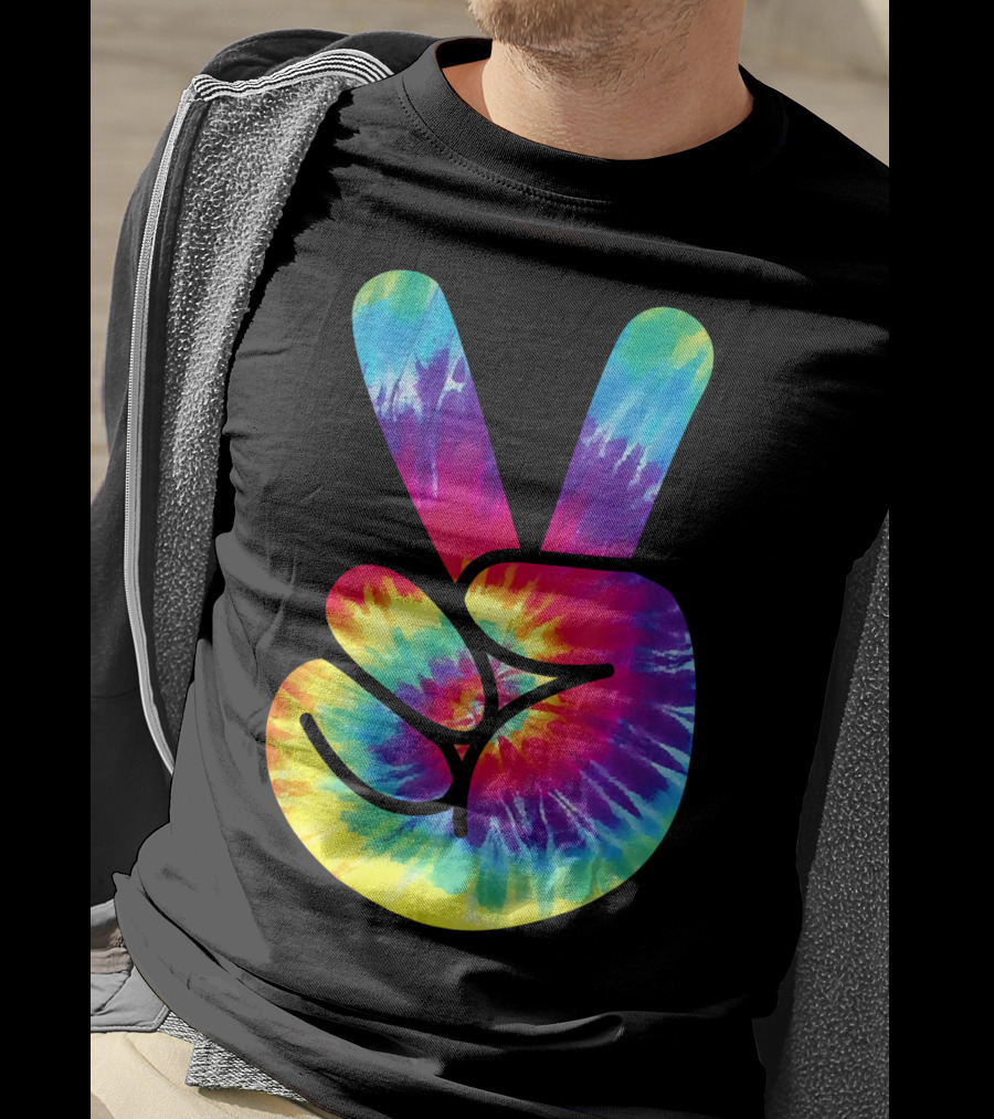 Groovy Tie Dye Peace Sign Two Finger Gesture T-Shirt