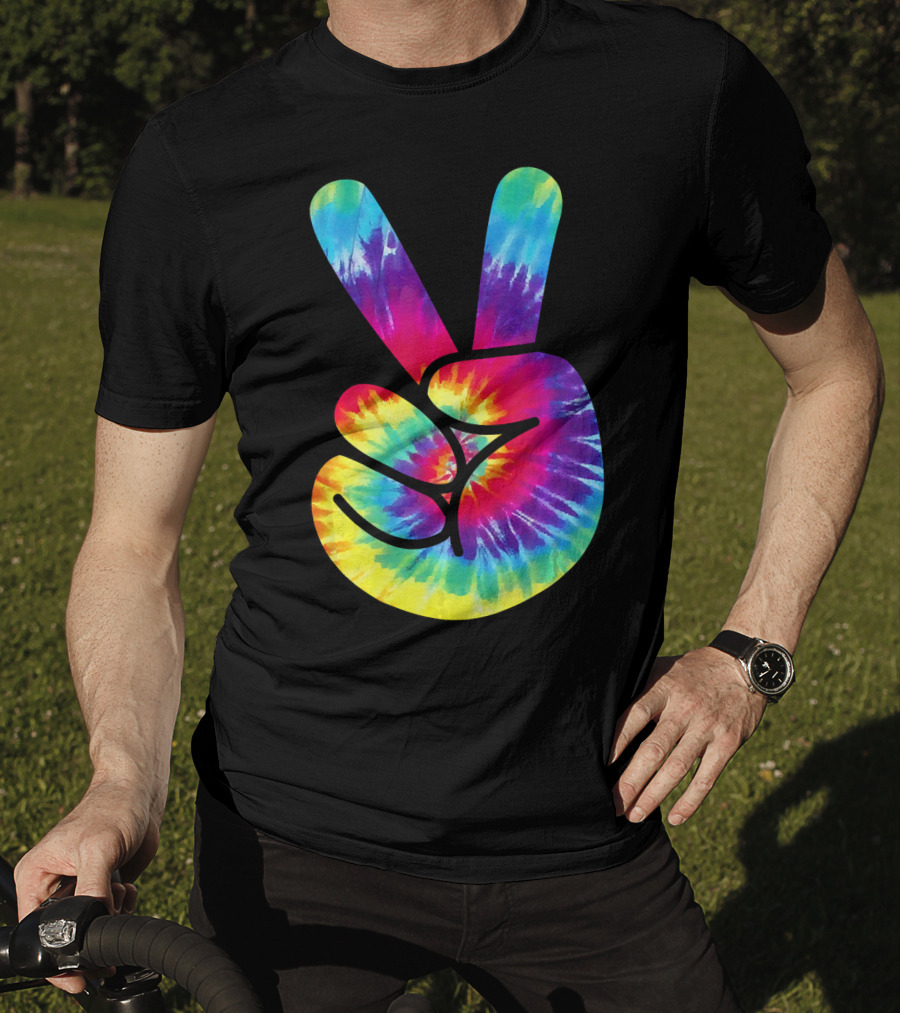 Groovy Tie Dye Peace Sign Two Finger Gesture T-Shirt