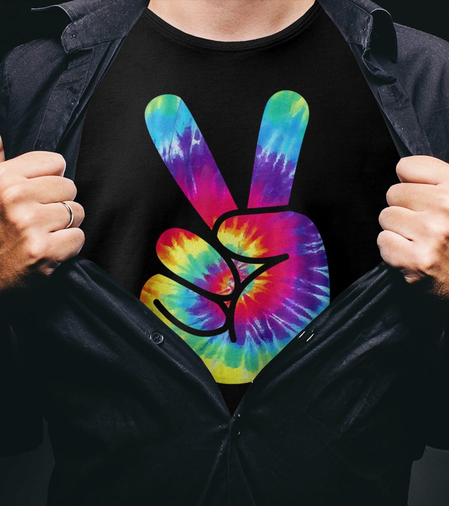 Groovy Tie Dye Peace Sign Two Finger Gesture T-Shirt