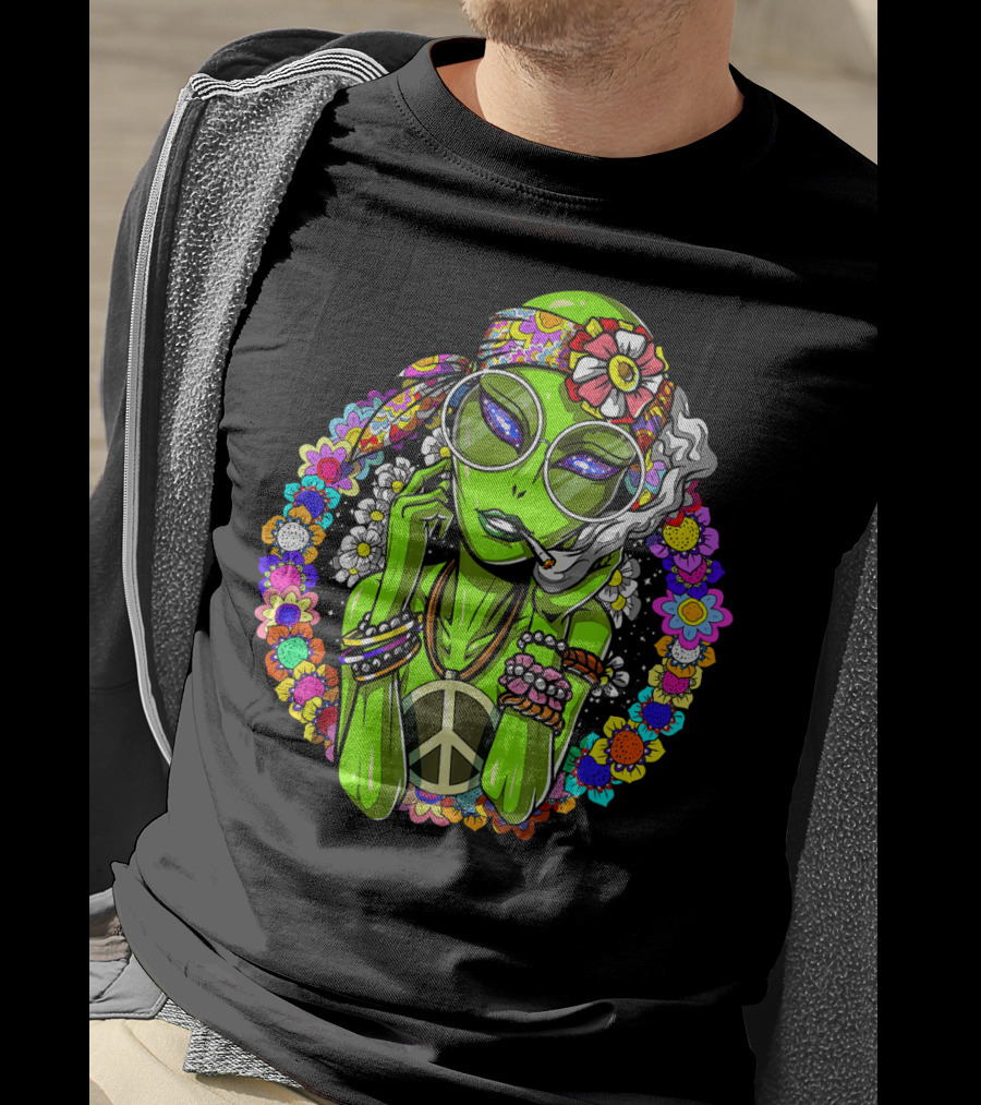 Psychedelic Hippie Alien Smoking With Peace Symbol Surrounded By Vibrant Flowers T-Shirt