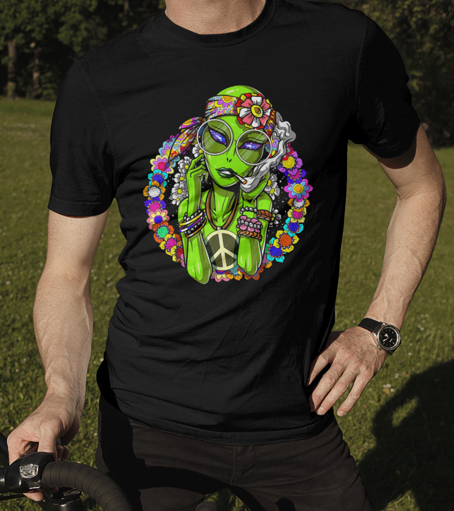 Psychedelic Hippie Alien Smoking With Peace Symbol Surrounded By Vibrant Flowers T-Shirt