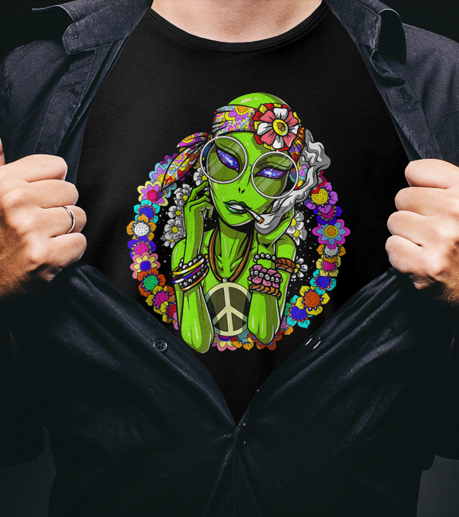 Psychedelic Hippie Alien Smoking With Peace Symbol Surrounded By Vibrant Flowers T-Shirt